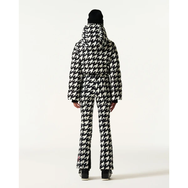Perfect Moment Polar Flare Down Ski Suit in Black and White Houndstooth, view 4 | Jumpsuit | Luxury Shoes 