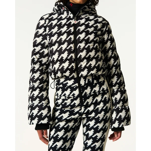 Perfect Moment Polar Flare Down Ski Suit in Black and White Houndstooth, view 5 | Jumpsuit | Luxury Shoes 