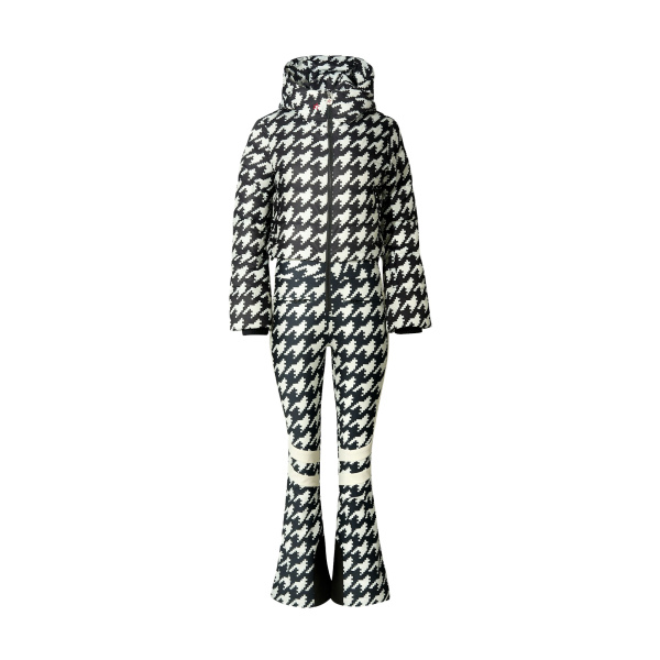 Perfect Moment Polar Flare Down Ski Suit in Black and White Houndstooth | Jumpsuit | Luxury Shoes 