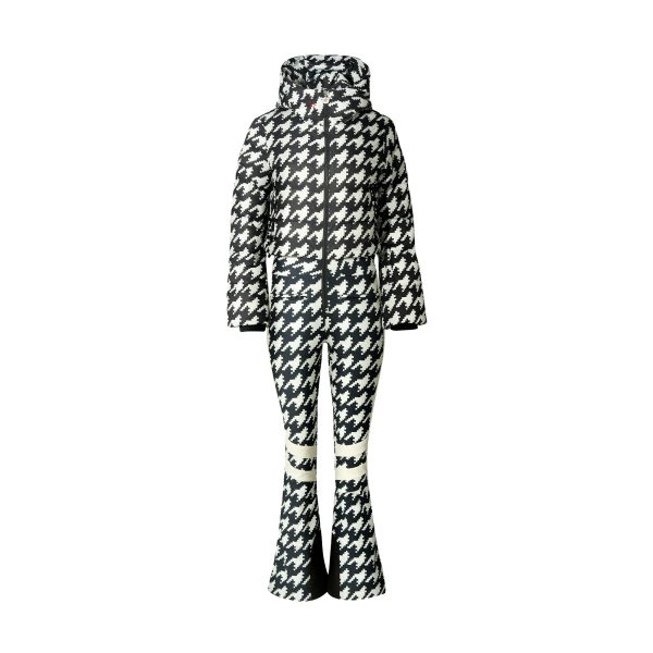 Perfect Moment Polar Flare Down Ski Suit in Black and White Houndstooth | Jumpsuit | Luxury Shoes 