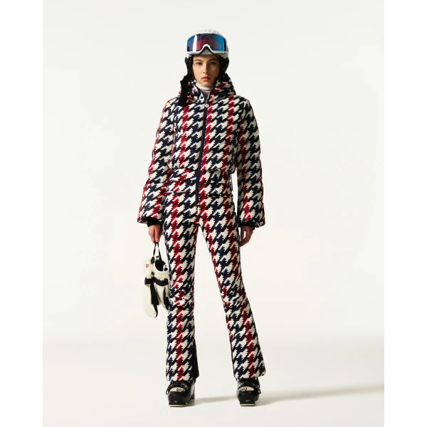 Perfect Moment Polar Flare Down Ski Suit in Houndstooth, view 2 | Jumpsuit | Luxury Shoes 