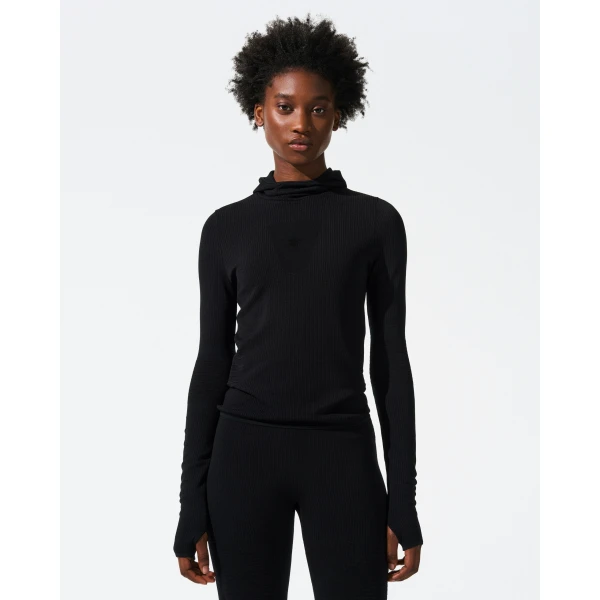 Perfect Moment Seamless Hooded Base Layer Top in Black, view 2 | Long Sleeve | Luxury Shoes 