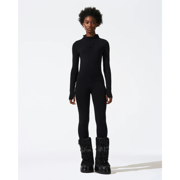 Perfect Moment Seamless Hooded Base Layer Top in Black, view 5 | Long Sleeve | Luxury Shoes 