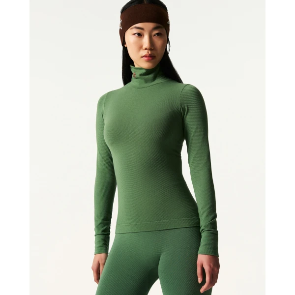 Perfect Moment Seamless Thermal Top in Dark Green, view 3 | Long Sleeve | Luxury Shoes 