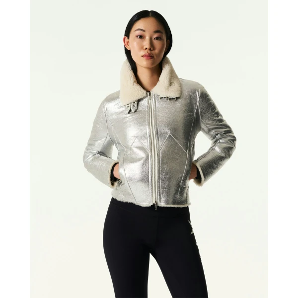 Perfect Moment Sloan Metallic Leather Aviator Jacket in Silver, view 3 | Leather Jackets | Luxury Shoes 