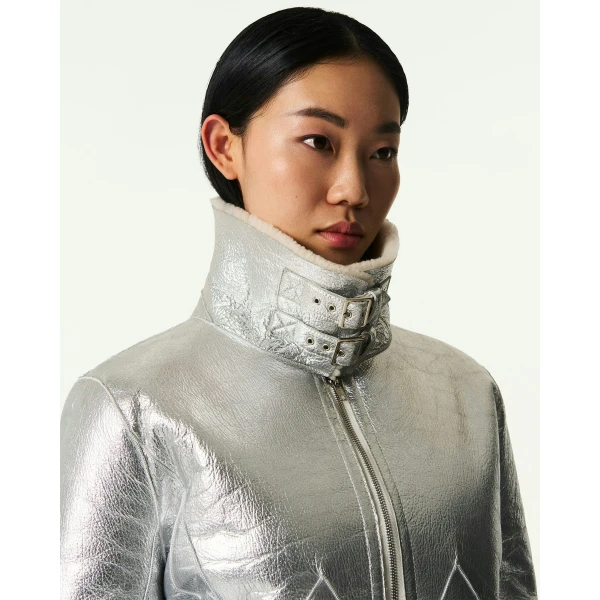 Perfect Moment Sloan Metallic Leather Aviator Jacket in Silver, view 4 | Leather Jackets | Luxury Shoes 