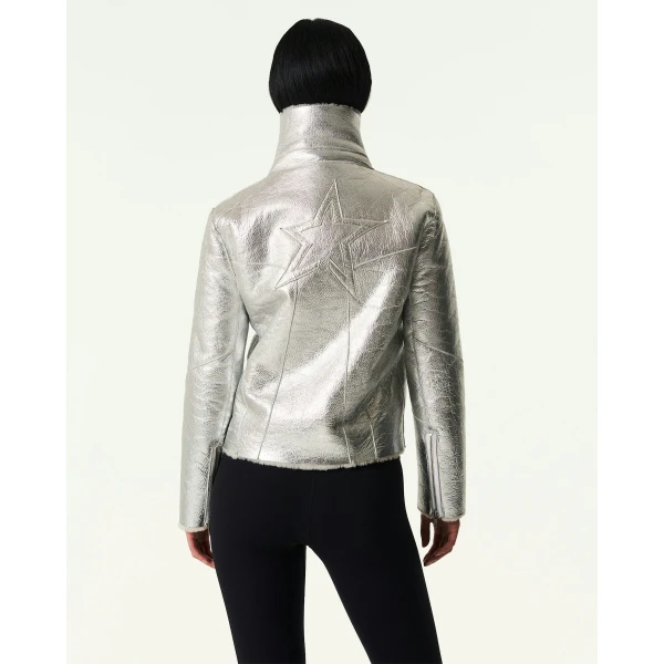 Perfect Moment Sloan Metallic Leather Aviator Jacket in Silver, view 5 | Leather Jackets | Luxury Shoes 