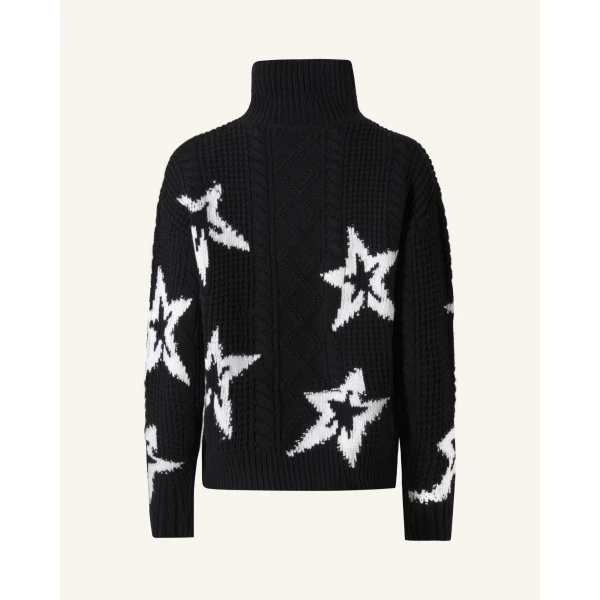 Perfect Moment Wool Cable Star Turtleneck Sweater in Black, view 2 | Turtlenecks | Luxury Shoes 