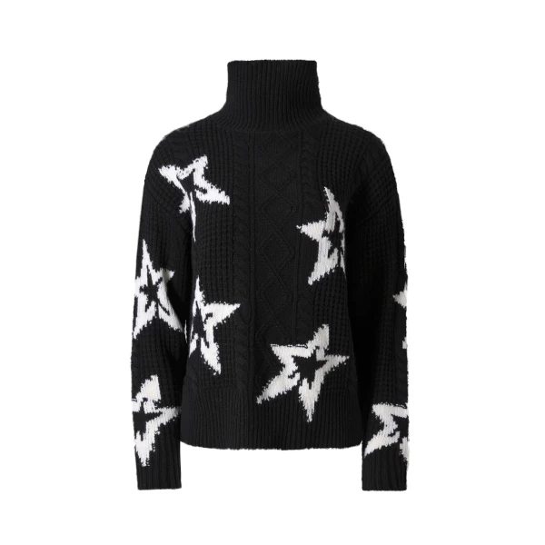 Perfect Moment Wool Cable Star Turtleneck Sweater in Black | Turtlenecks | Luxury Shoes 