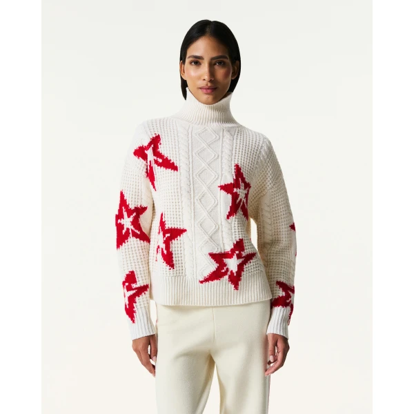 Perfect Moment Wool Cable Star Turtleneck Sweater in Cream, view 3 | Turtlenecks | Luxury Shoes 