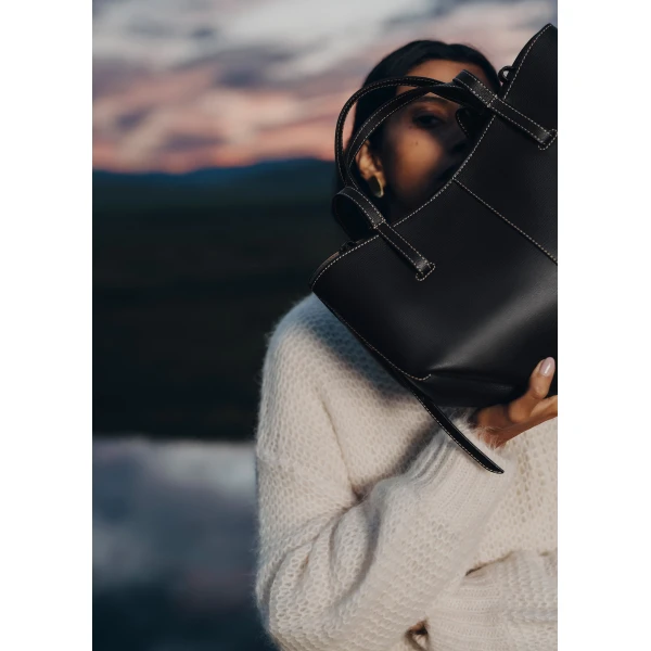 Polène Cyme Mini in Textured Black with Ecru Stitching Bag, view 4 | Mini Bags | Luxury Shoes 