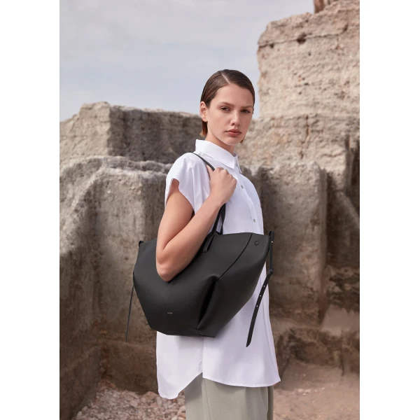 Polène Cyme in Textured Black Bag, view 5 | Totes & Top-Handle Bags | Luxury Shoes 