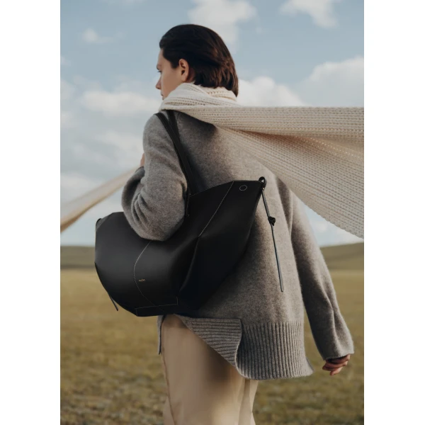 Polène Cyme in Textured Black with Ecru Stitching Bag, view 2 | Totes & Top-Handle Bags | Luxury Shoes 