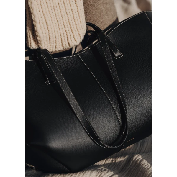 Polène Cyme in Textured Black with Ecru Stitching Bag, view 4 | Totes & Top-Handle Bags | Luxury Shoes 