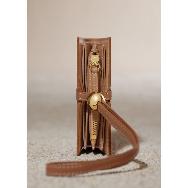 Polène Kayé Card Holder in Textured Duo Camel, view 4 | Wallets & Purses | Luxury Shoes 