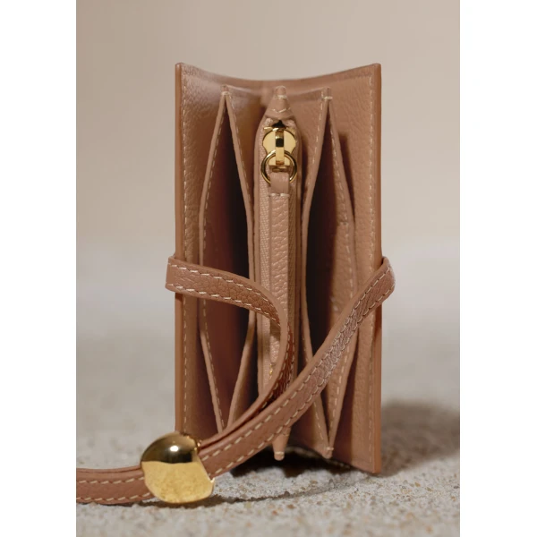 Polène Kayé Card Holder in Textured Duo Camel, view 5 | Wallets & Purses | Luxury Shoes 