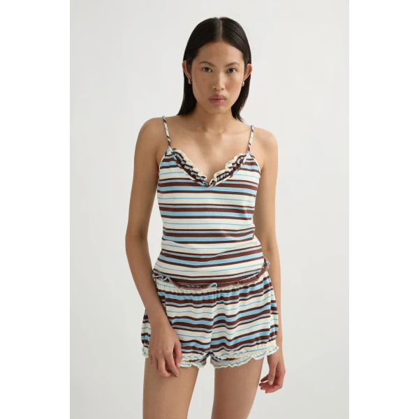 Posse Nadine Ruffle Tank in Chocolate Multi Stripe | Sleeveless | Luxury Shoes , view 2