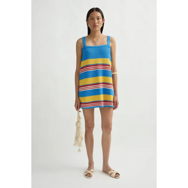 Posse Tammy Dress in Blue Multistripe | Midi Dresses | Luxury Shoes , view 2