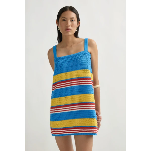 Posse Tammy Dress in Blue Multistripe | Midi Dresses | Luxury Shoes , view 3