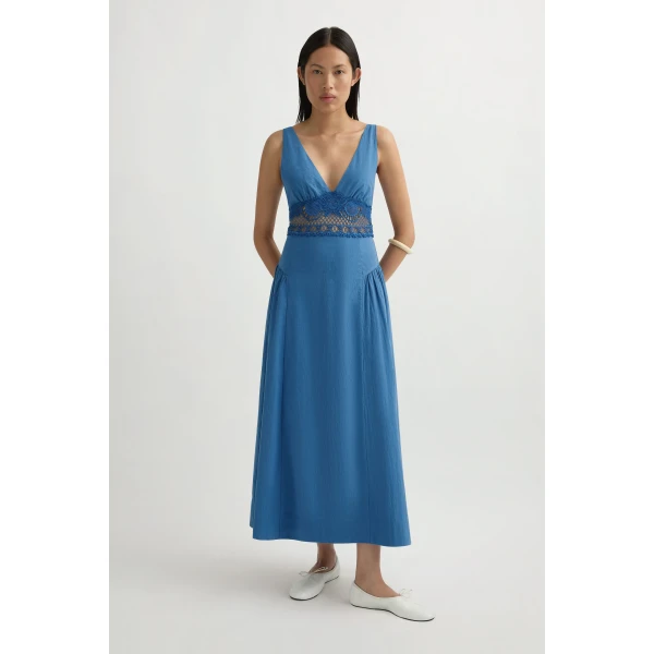 Posse Veda V-Neck Dress in Azure | Midi Dresses | Luxury Shoes , view 2