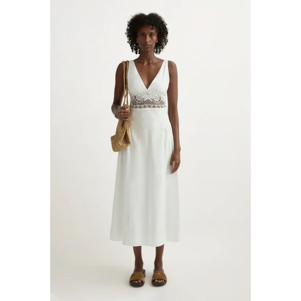 Posse Veda V-Neck Dress in Vintage White | Midi Dresses | Luxury Shoes , view 2