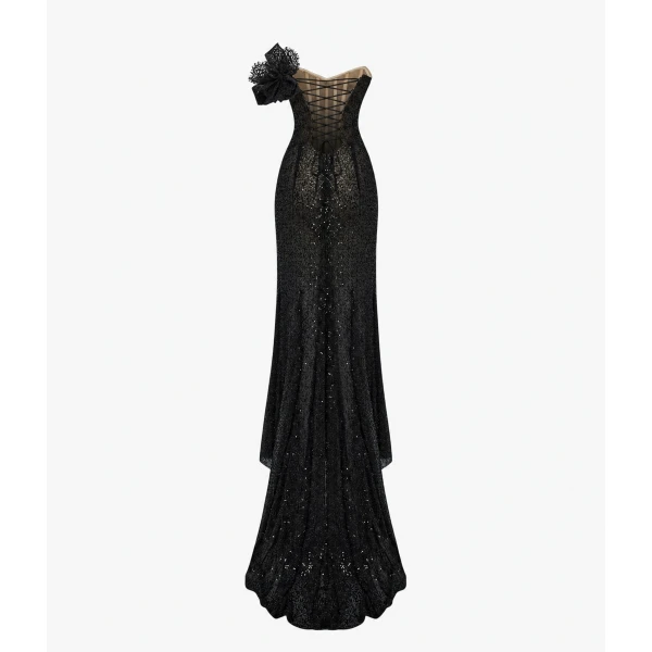 Rasario Asymmetric Embellished Corset Gown with a Train in Black, view 2