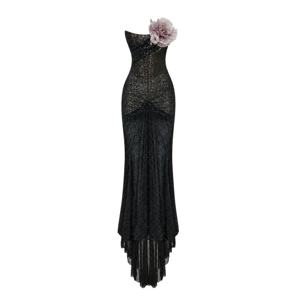 Asymmetric Embellished Corset Gown with a Train in Black