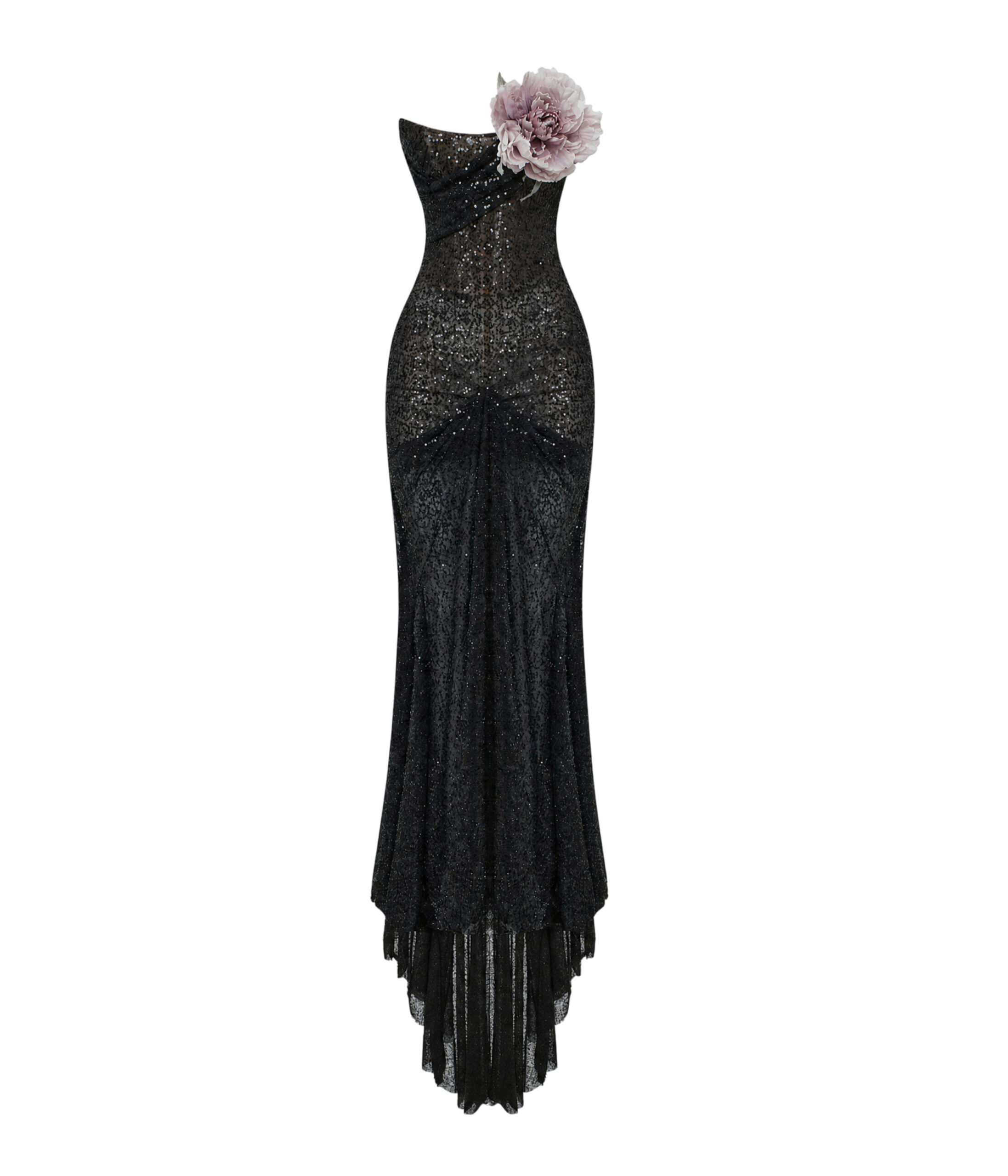 Asymmetric Embellished Corset Gown with a Train in Black
