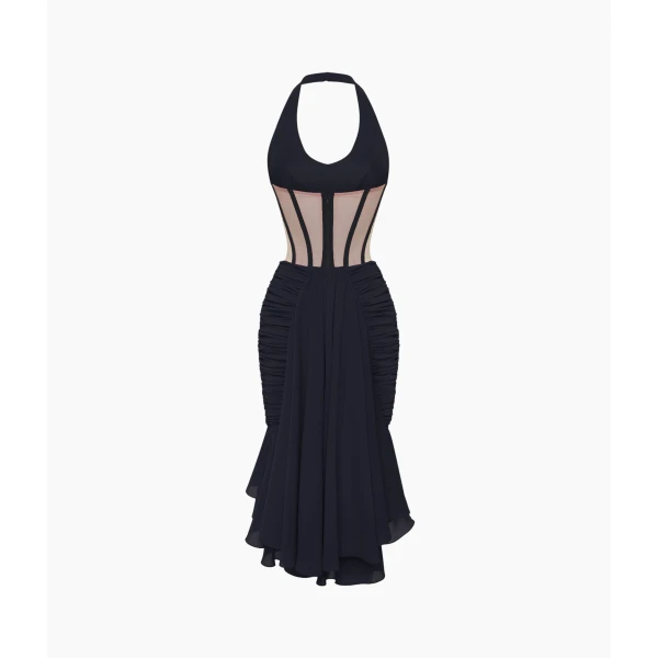 Rasario Corset Midi Halter Dress in Black, view 2
