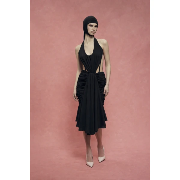 Rasario Corset Midi Halter Dress in Black, view 3