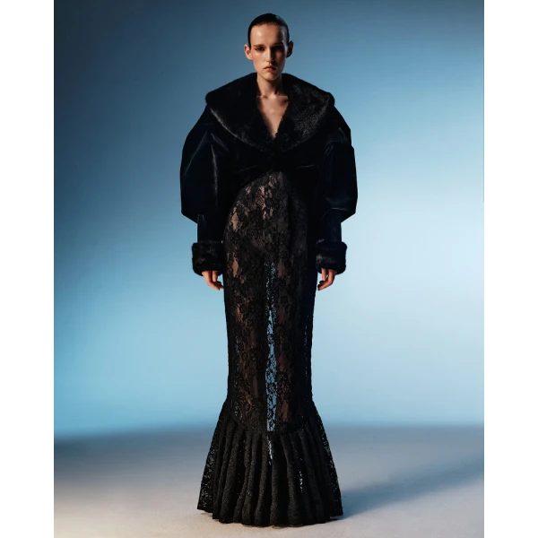 Rasario Cropped Velvet Coat with Faux Fur Inserts in Black, view 3