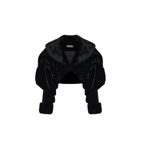 Rasario Cropped Velvet Coat with Faux Fur Inserts in Black