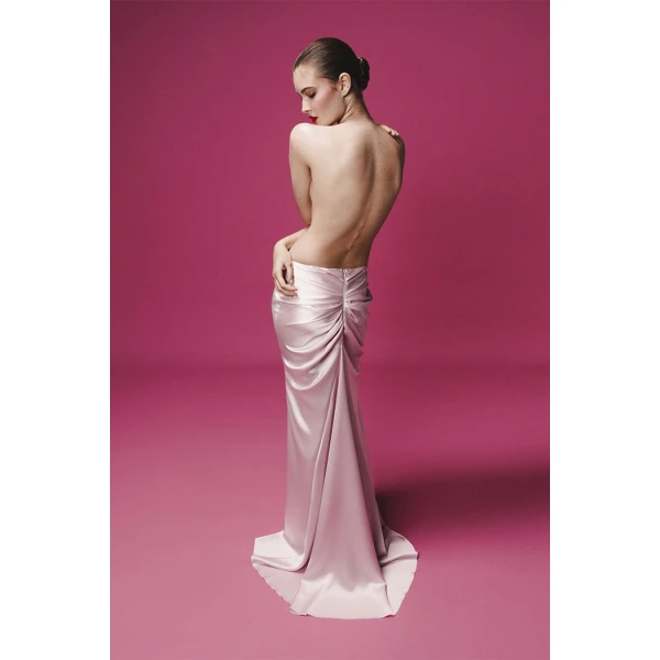 Rasario Draped Satin Maxi Skirt with a Train in Black, view 3