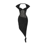 Rasario Lace Corset Midi Dress with Draped Skirt in Black
