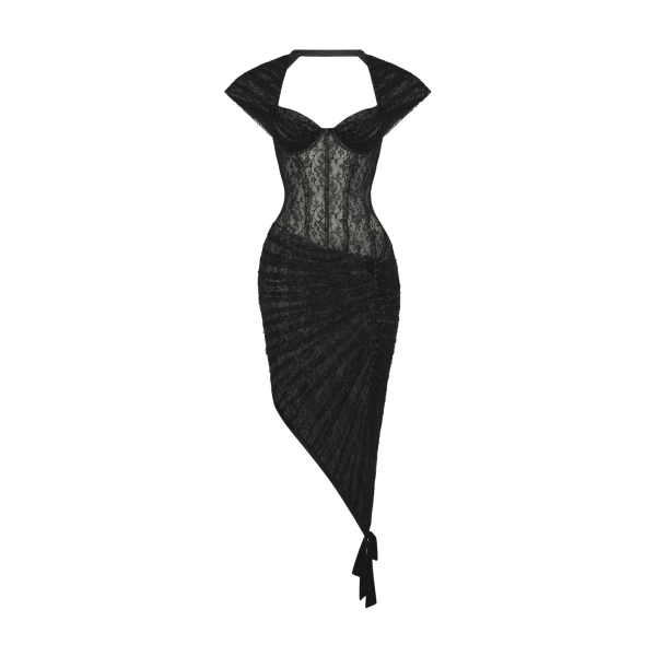 Rasario Lace Corset Midi Dress with Draped Skirt in Black