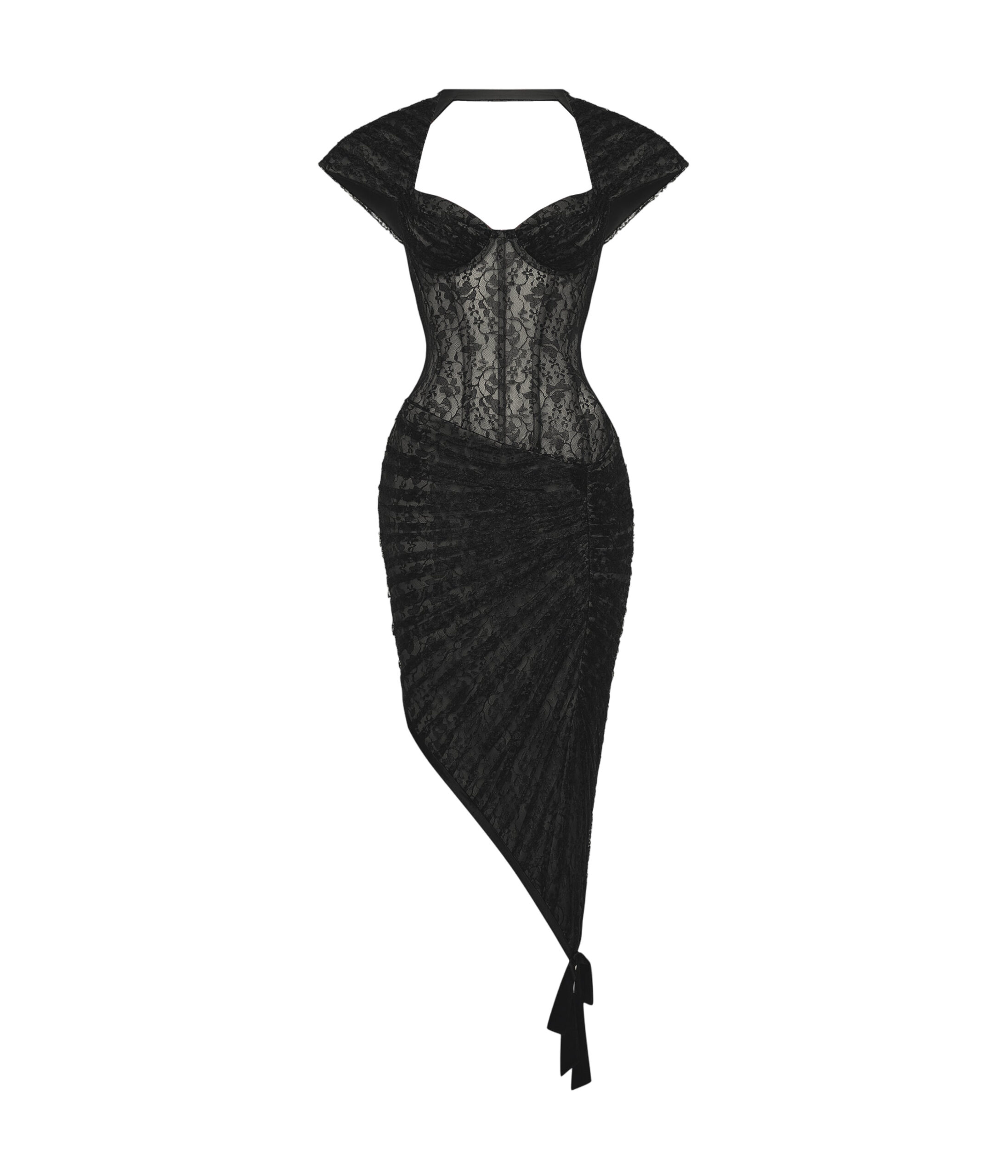 Lace Corset Midi Dress with Draped Skirt in Black