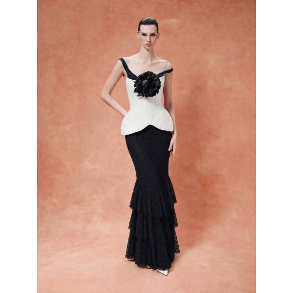 Rasario Lace Maxi Skirt with Tiered Ruffles in Black, view 3