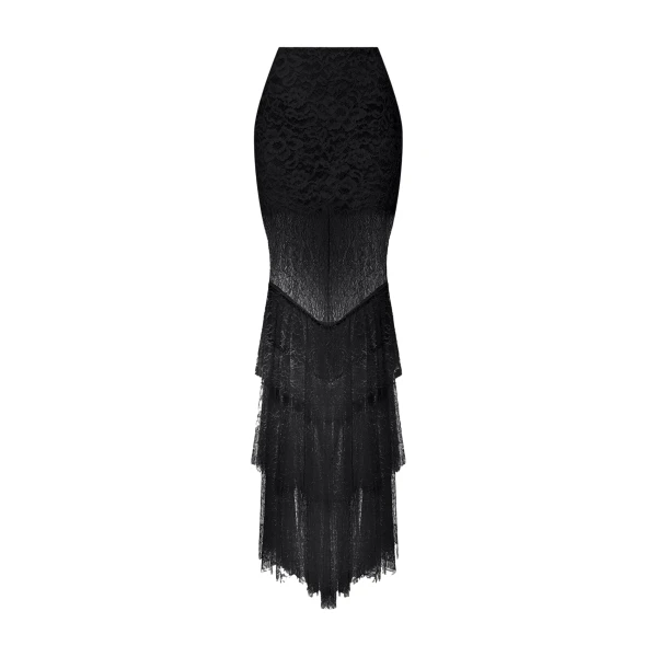 Rasario Lace Maxi Skirt with Tiered Ruffles in Black