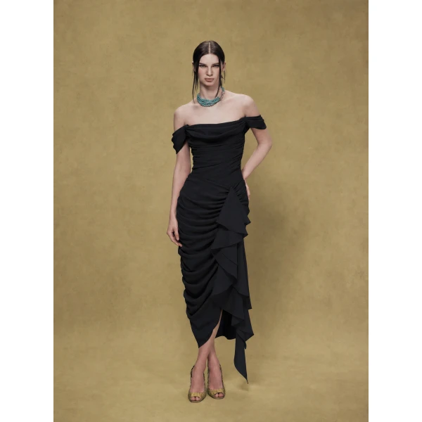 Rasario Off-Shoulder Corset Midi Dress in Black, view 3