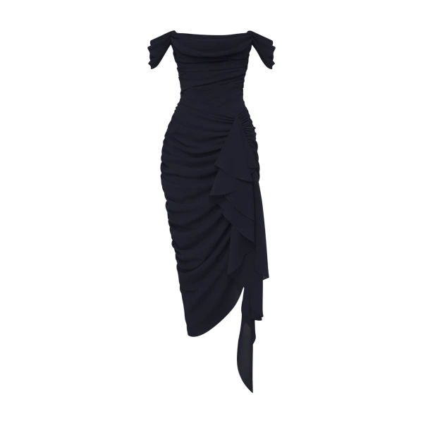 Off-Shoulder Corset Midi Dress in Black
