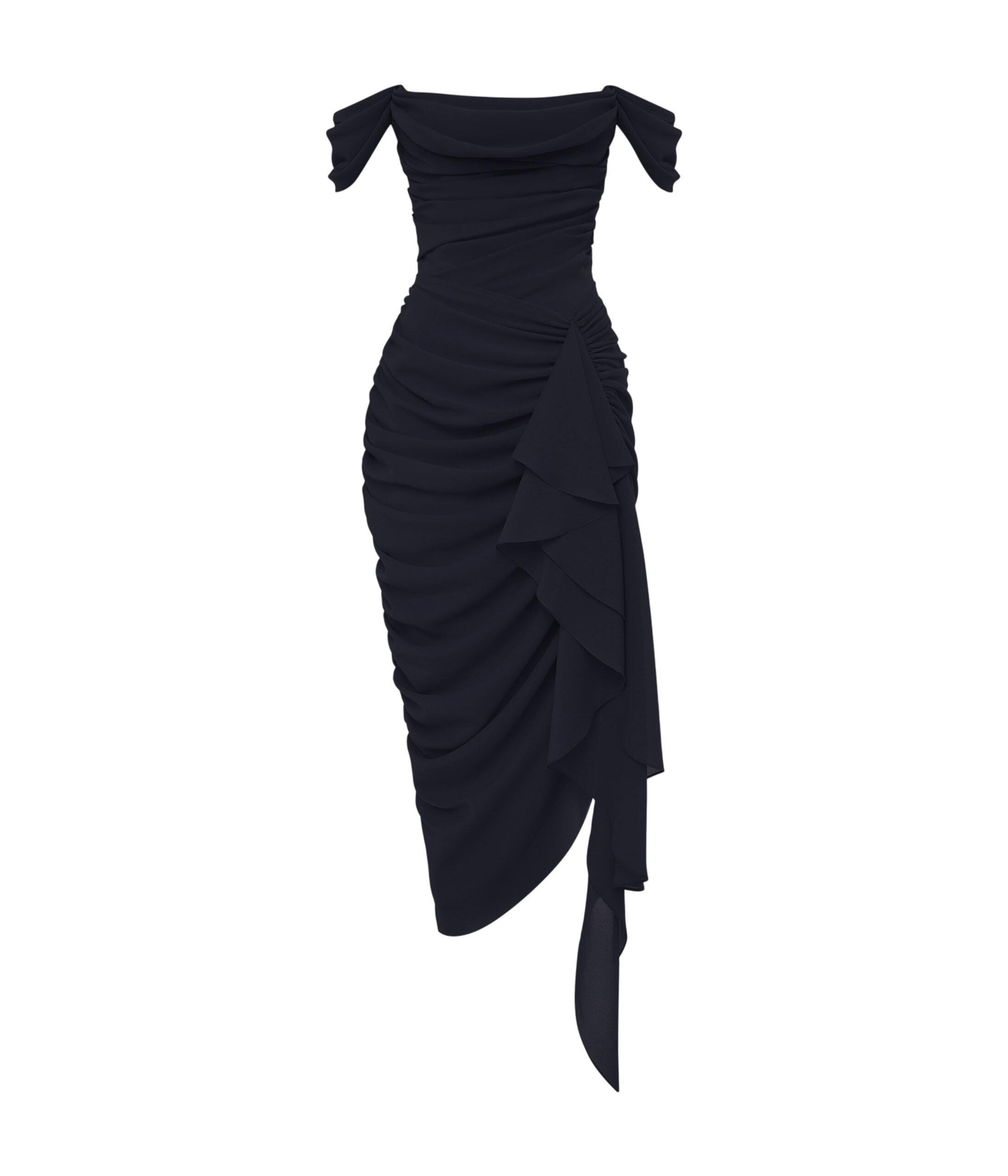 Off-Shoulder Corset Midi Dress in Black