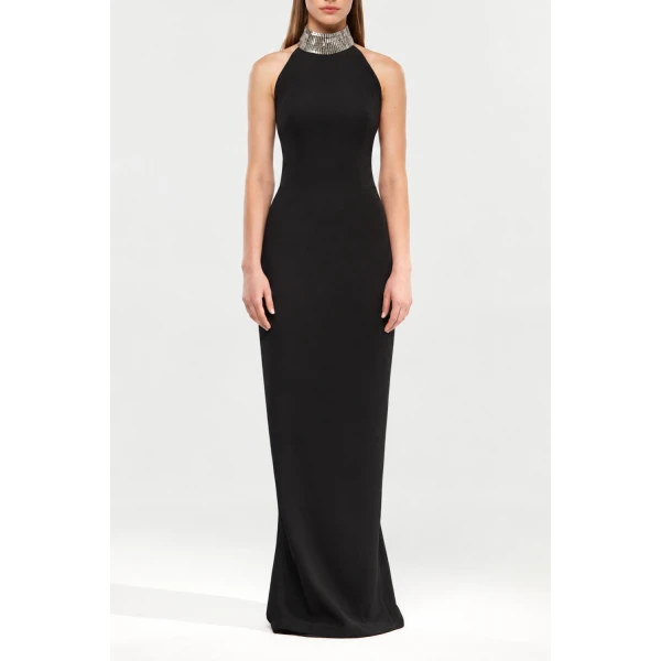 Rasario Satin Maxi Dress with a Crystal Embellished Neck in Black, view 3