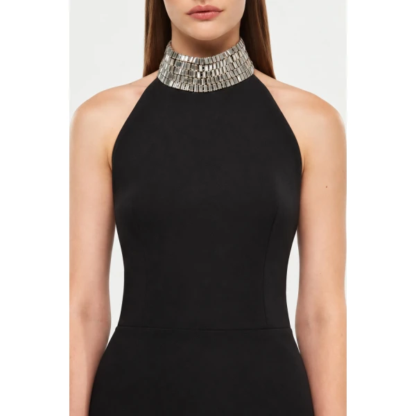 Rasario Satin Maxi Dress with a Crystal Embellished Neck in Black, view 4
