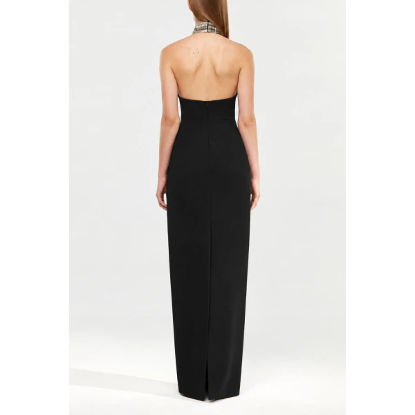 Rasario Satin Maxi Dress with a Crystal Embellished Neck in Black, view 5
