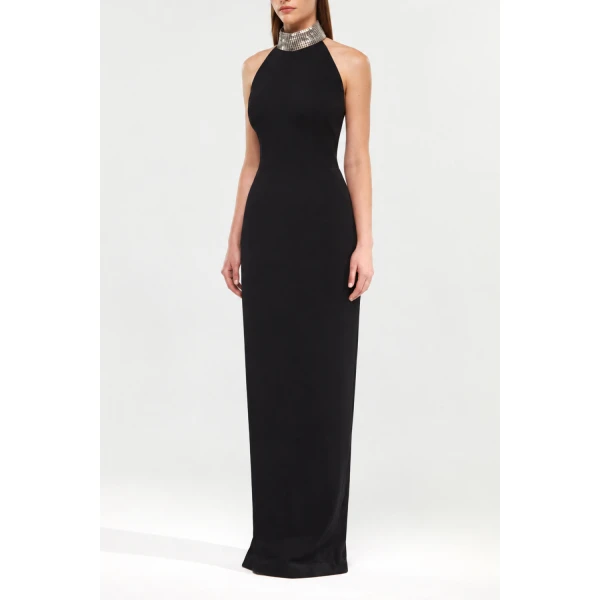 Rasario Satin Maxi Dress with a Crystal Embellished Neck in Black, view 6