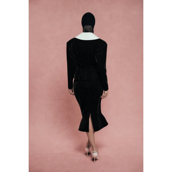 Rasario Velvet Fitted Jacket with Satin Collar in Black, view 6