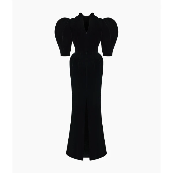 Rasario Velvet Maxi Dress with Panniers and Puff Sleeves in Black, view 2