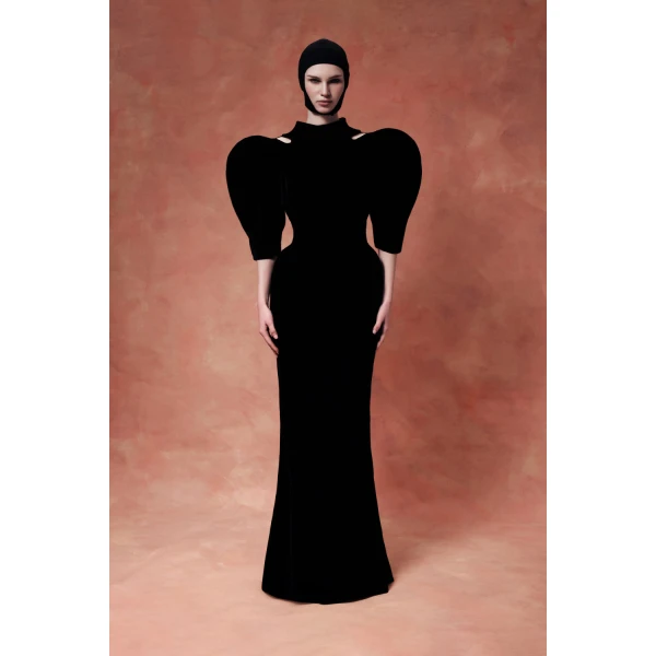 Rasario Velvet Maxi Dress with Panniers and Puff Sleeves in Black, view 3