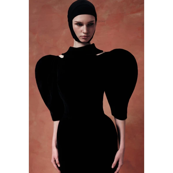 Rasario Velvet Maxi Dress with Panniers and Puff Sleeves in Black, view 4