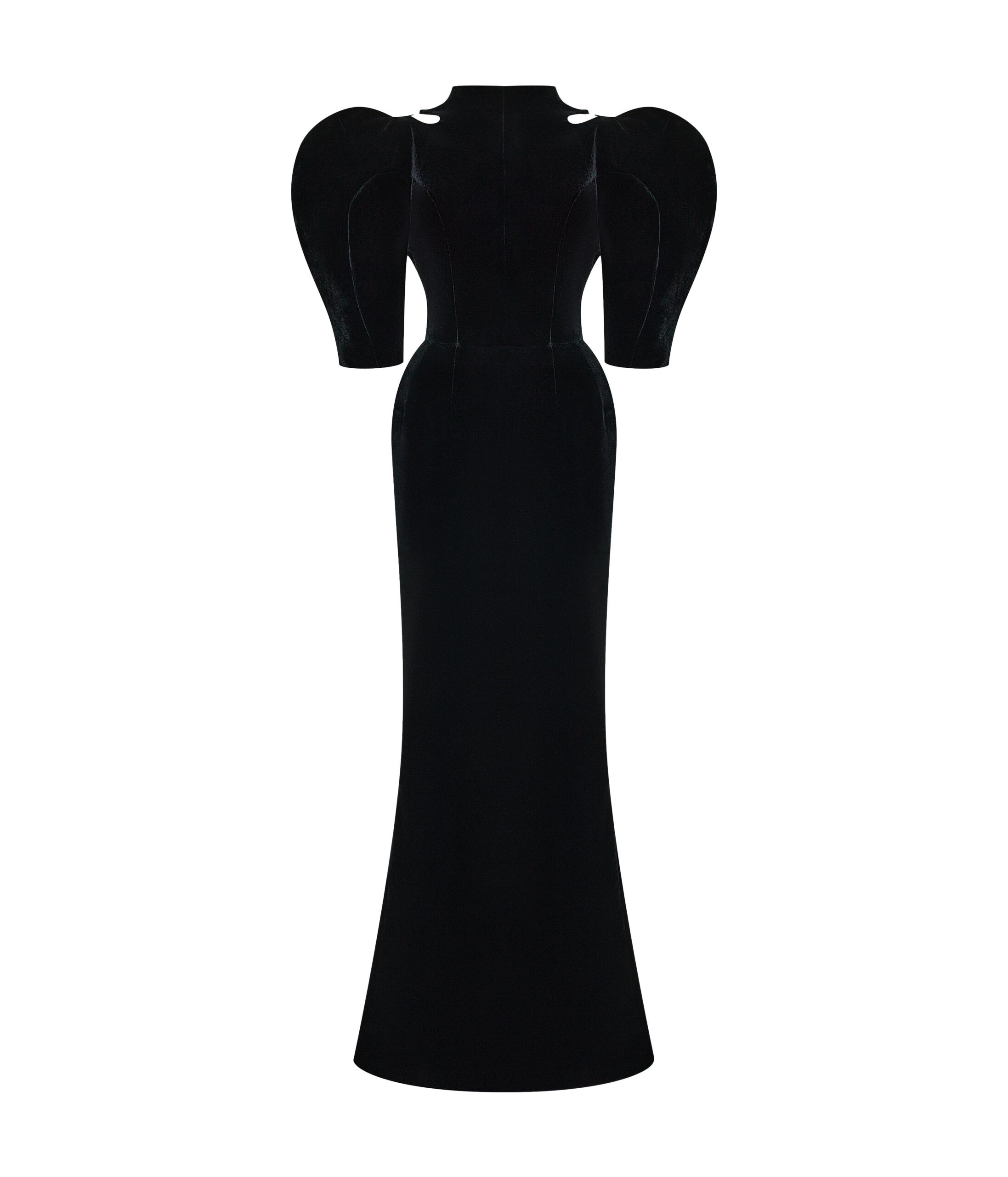 Velvet Maxi Dress with Panniers and Puff Sleeves in Black